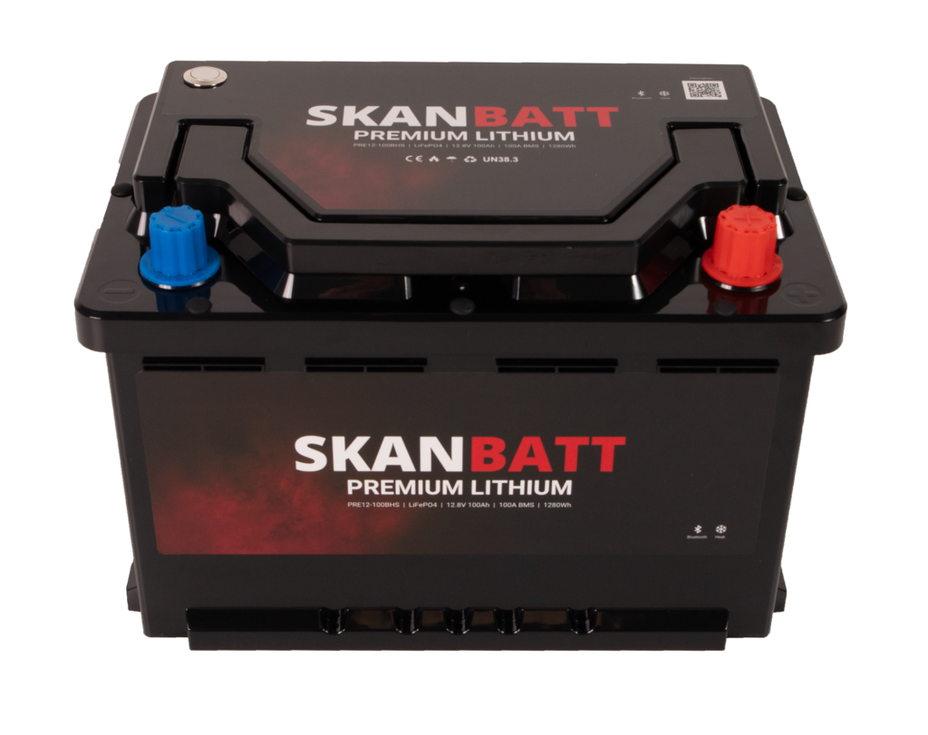 SKANBATT Premium Lithium - 12V 100Ah 100A BMS - 280x178x188mm - Bluetooth - Heat - 8 Års garanti +H