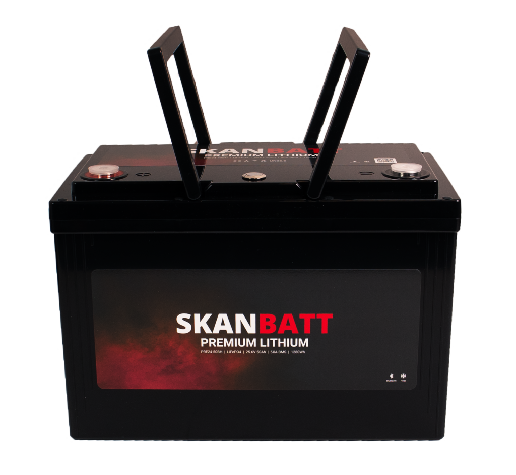 SKANBATT Premium Lithium - 24V 50Ah 50A BMS - 307x172x215mm - Bluetooth - Heat - 8 Års garanti