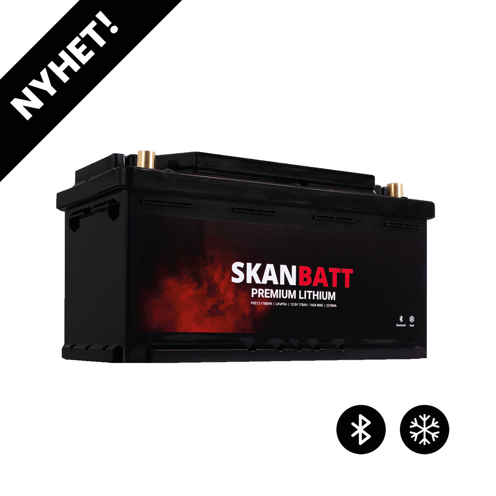 SKANBATT Premium Lithium - 12V 178Ah 160A BMS - 354x176x187mm - Bluetooth - Heat - 8 Års garanti