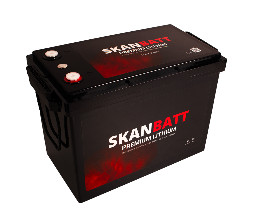 SKANBATT Premium Lithium - 12V 280Ah 200A BMS - 384x204x268mm - Bluetooth - Heat - 8 Års garanti +H