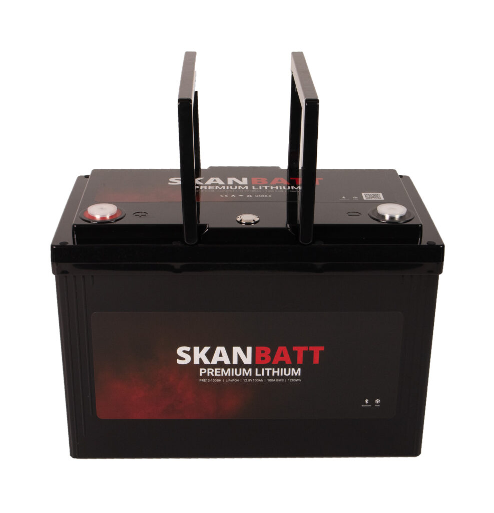 SKANBATT Premium Lithium - 12V 100Ah 100A BMS - 306x172x212mm - Bluetooth - Heat - 8 Års garanti +V