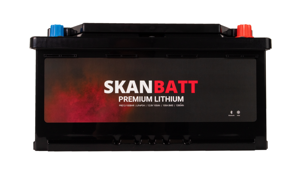 SKANBATT Premium Lithium - 12V 100Ah 100A BMS - 359x178x188mm - Bluetooth - Heat - 8 Års garanti - Bobil +H