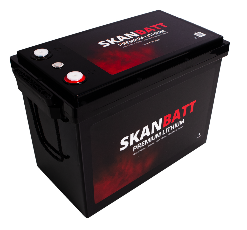 SKANBATT Premium Lithium - 24V 100Ah 100A BMS - 384x204x268mm - Bluetooth - 8 Års garanti