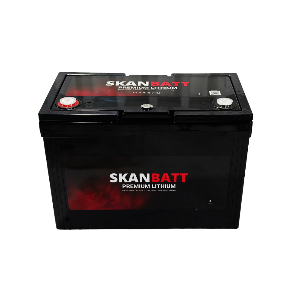 SKANBATT Premium Lithium - 12V 100Ah 100A BMS - 306x172x212mm - Bluetooth - 8 Års garanti +V