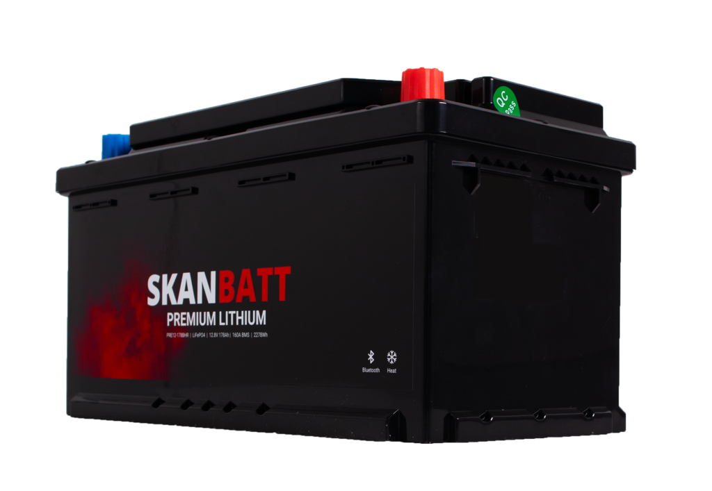 SKANBATT Premium Lithium - 12V 178Ah 160A BMS - 354x176x187mm - Bluetooth - Heat - 8 Års garanti
