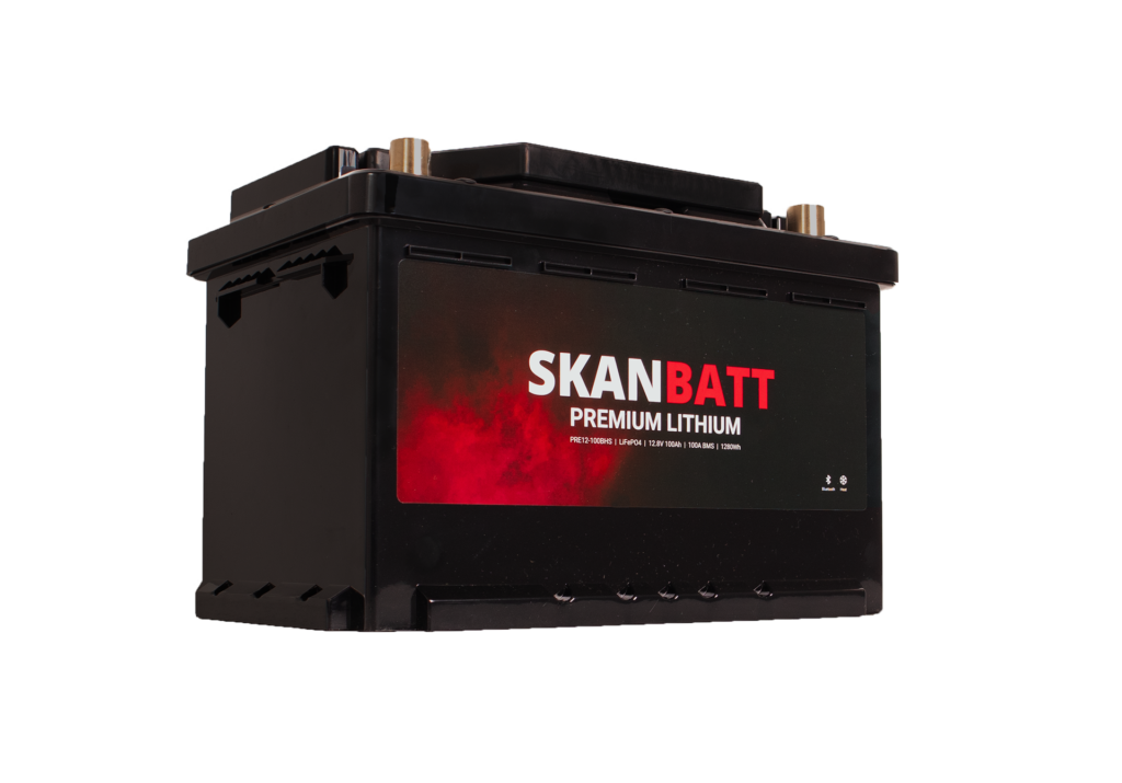 SKANBATT Premium Lithium - 12V 100Ah 100A BMS - 280x178x188mm - Bluetooth - Heat - 8 Års garanti +H
