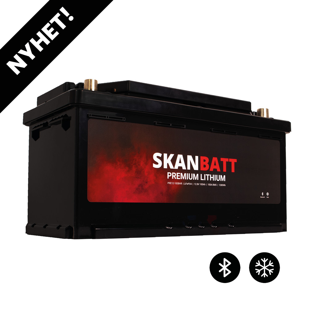 SKANBATT Premium Lithium - 12V 100Ah 100A BMS - 359x178x188mm - Bluetooth - Heat - 8 Års garanti - Bobil +H
