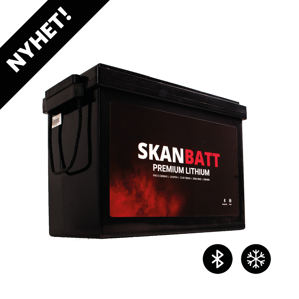 SKANBATT Premium Lithium - 12V 280Ah 200A BMS - 384x204x268mm - Bluetooth - Heat - 8 Års garanti +H