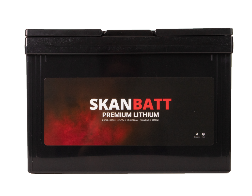 SKANBATT Premium Lithium - 12V 100Ah 100A BMS - 306x172x212mm - Bluetooth - Heat - 8 Års garanti +V