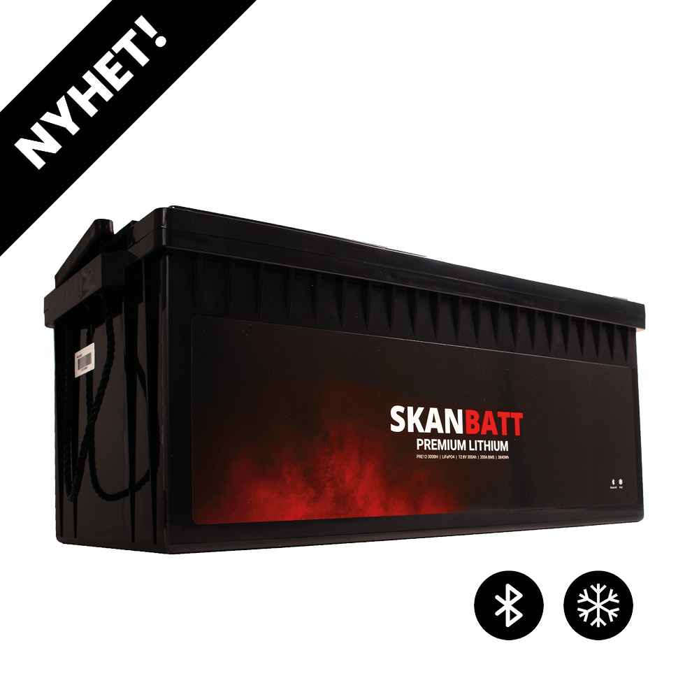 SKANBATT Premium Lithium - 12V 300Ah 200A BMS - 523x269x218mm - Bluetooth - Heat - 8 Års garanti +H