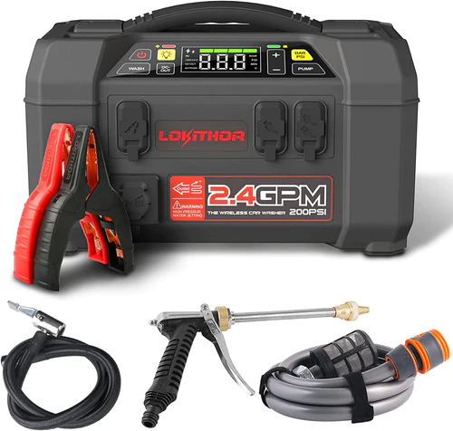 LOKITHOR Lithium Startbooster 12V 2500A med 150 PSI Luftkompressor og 1.5 MPA bærbart høytrykkspylersett