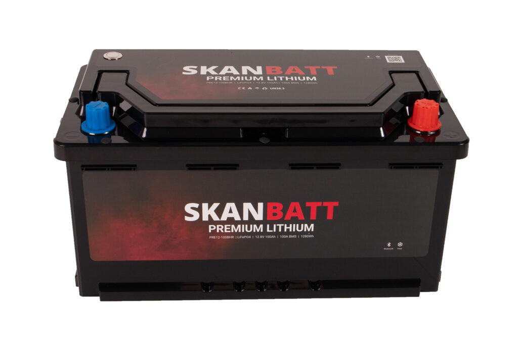 SKANBATT Premium Lithium - 12V 100Ah 100A BMS - 359x178x188mm - Bluetooth - Heat - 8 Års garanti - Bobil +H