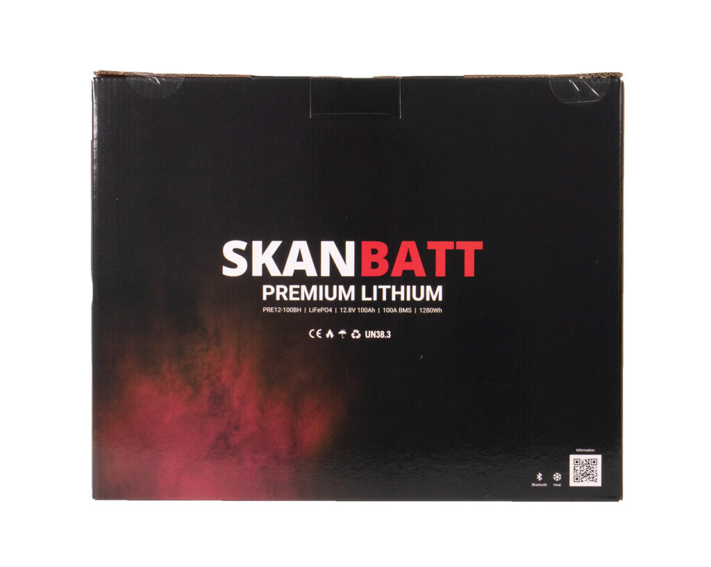 SKANBATT Premium Lithium - 12V 100Ah 100A BMS - 306x172x212mm - Bluetooth - Heat - 8 Års garanti +V