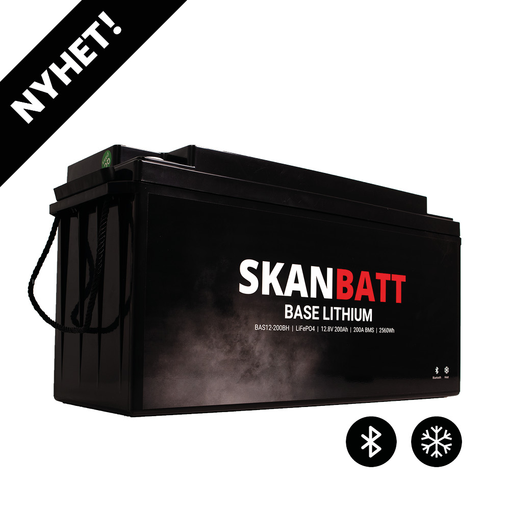 SKANBATT Base Lithium - 12V 200Ah 200A BMS - 485x170x240mm - Bluetooth - Heat - 3 Års garanti +H
