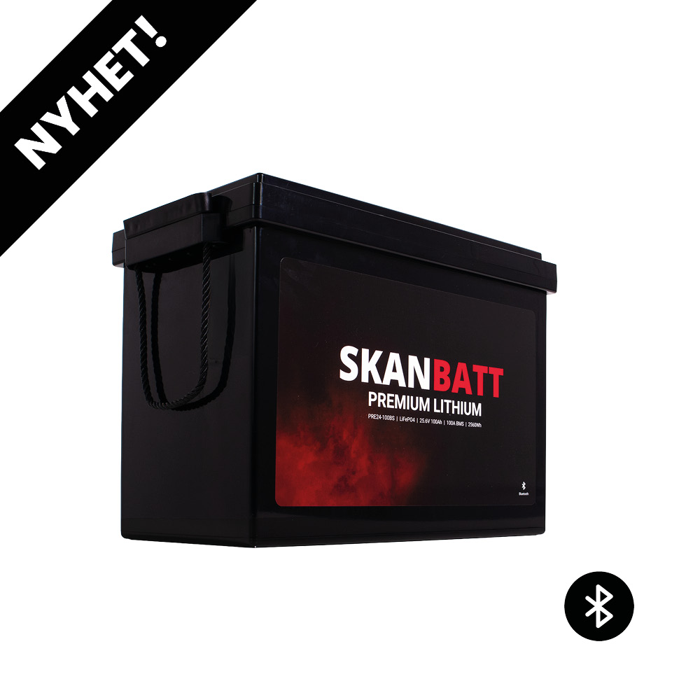 SKANBATT Premium Lithium - 24V 100Ah 100A BMS - 384x204x268mm - Bluetooth - 8 Års garanti