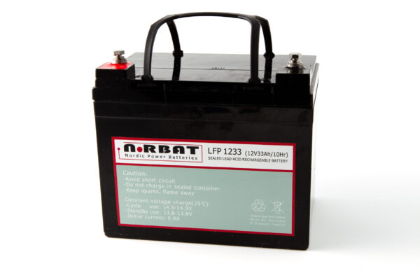 12 Volt AGM batteri 33Ah (195x130x180) +V M6 9,2kg