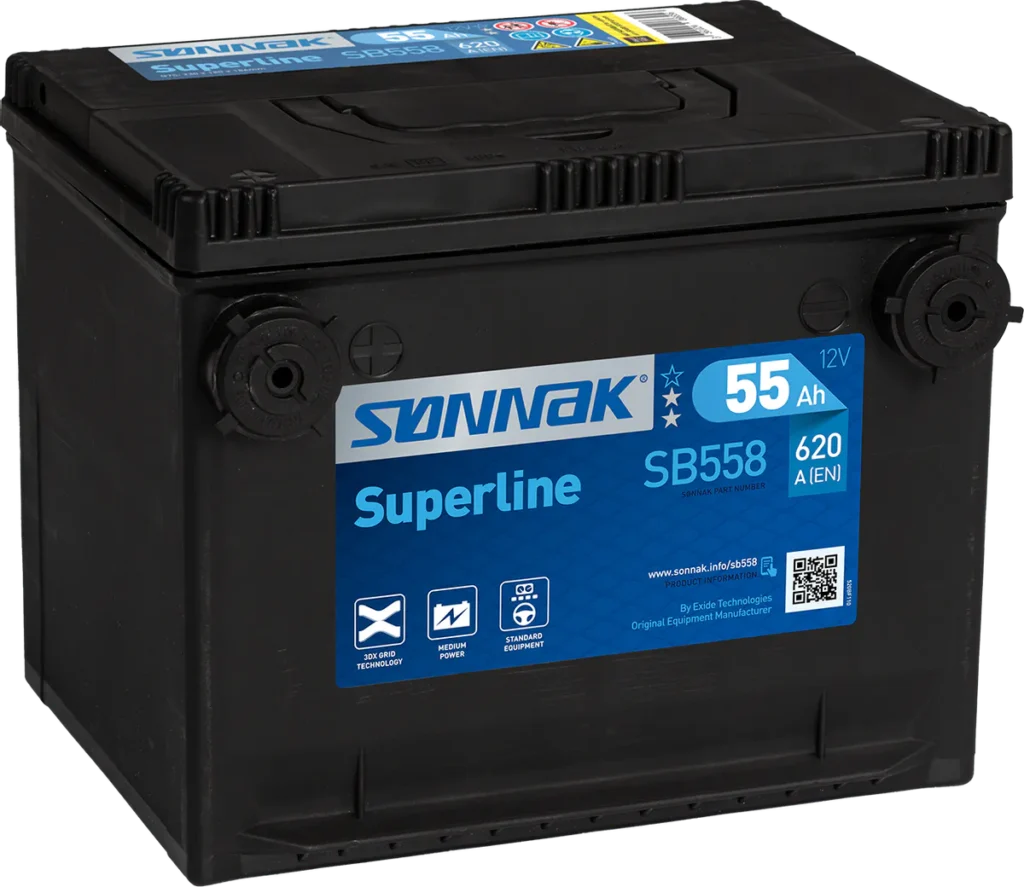 Startbatteri Sønnak 12V 55AH-620A +V sidepoler (G75) 230x180x186 mm 14,2 kg