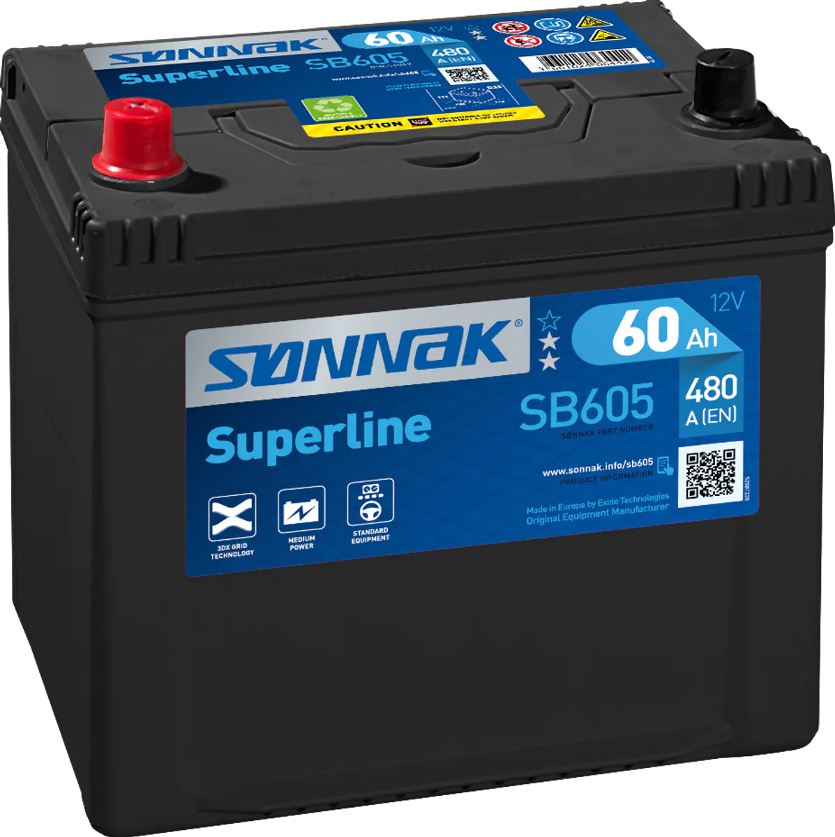 Startbatteri Sønnak 60AH-480A+V (D23) 230 x 173 x 222mm 15 kg - Bilde 1