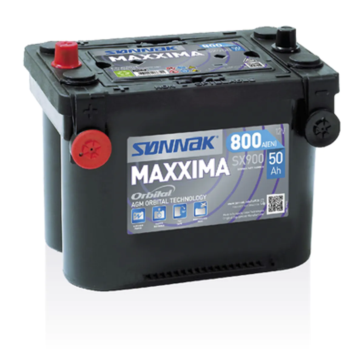 Startbatteri SØNNAK AGM 12V 50AH-800A+V side og topp (G34) 260x173x206mm 17,9 kg - Bilde 1