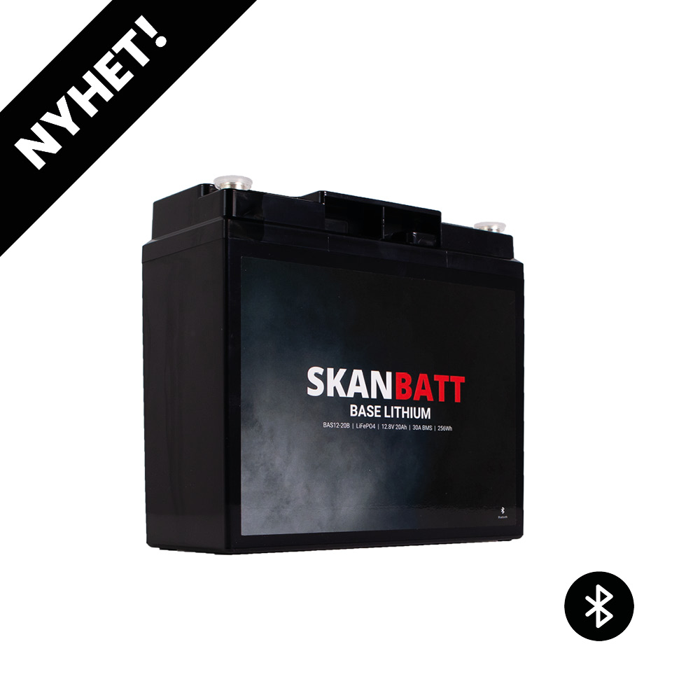 SKANBATT Base Lithium - 12V 20Ah 30A BMS - 180x78x164mm - Bluetooth - 3 Års garanti