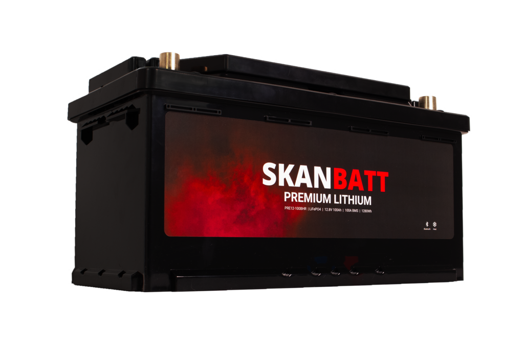 SKANBATT Premium Lithium - 12V 100Ah 100A BMS - 359x178x188mm - Bluetooth - Heat - 8 Års garanti - Bobil +H
