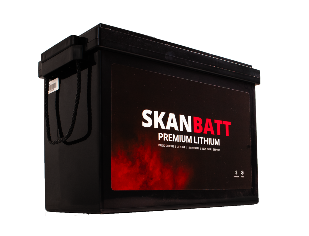 SKANBATT Premium Lithium - 12V 280Ah 200A BMS - 384x204x268mm - Bluetooth - Heat - 8 Års garanti +H