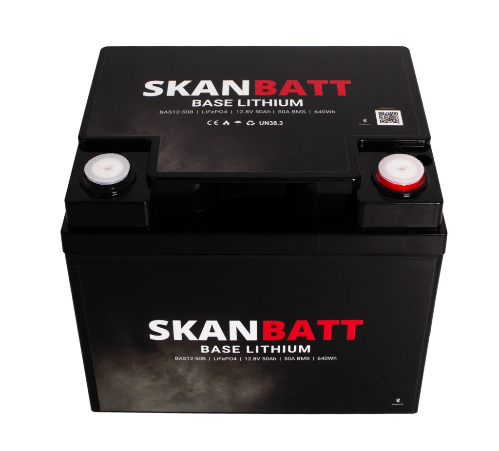 SKANBATT Base Lithium - 12V 50Ah 50A BMS - 198x166x170mm - Bluetooth - 3 Års garanti
