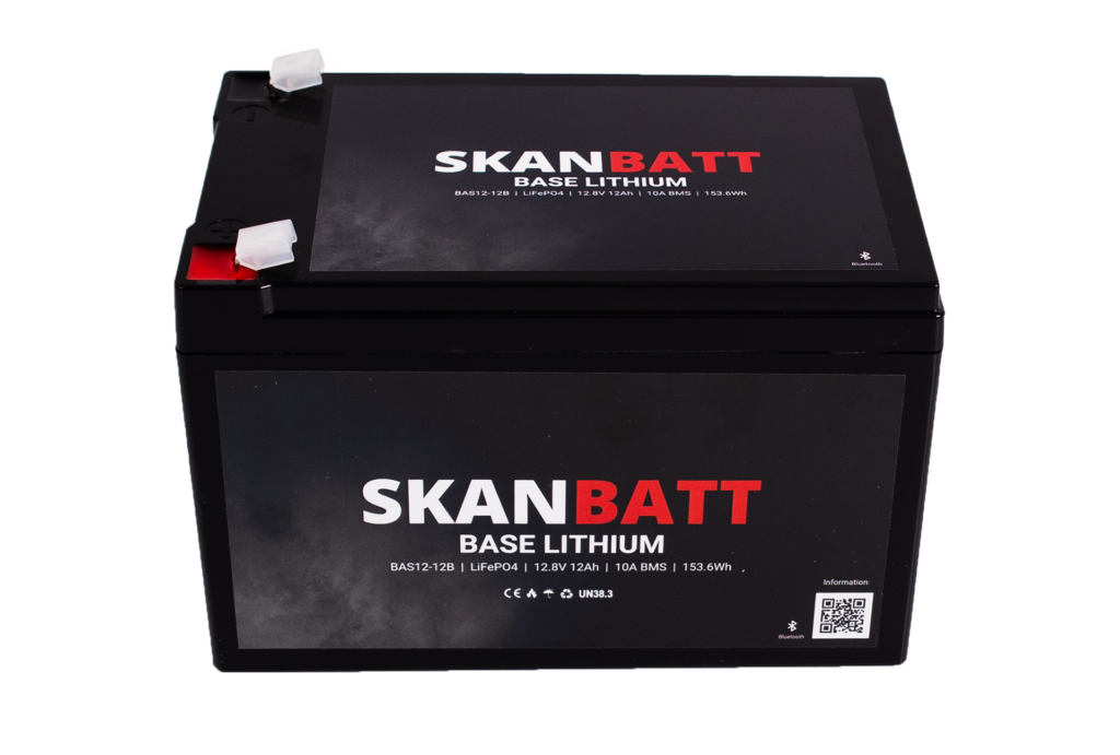 SKANBATT Base Lithium - 12V 12Ah 10A BMS - 151x98x96mm - Bluetooth - 3 Års garanti