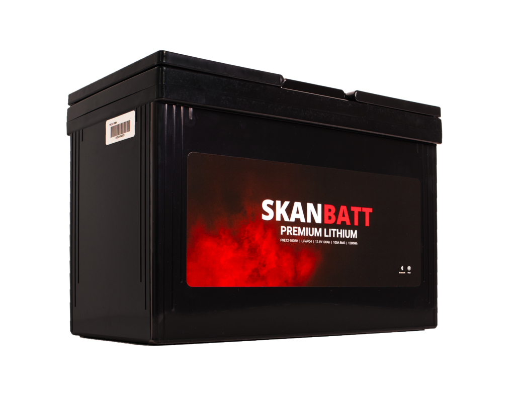 SKANBATT Premium Lithium - 12V 100Ah 100A BMS - 306x172x212mm - Bluetooth - Heat - 8 Års garanti +V