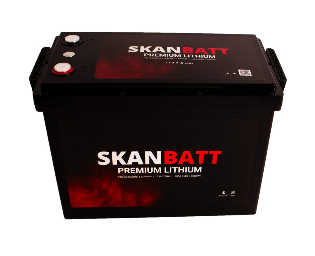 SKANBATT Premium Lithium - 12V 280Ah 200A BMS - 384x204x268mm - Bluetooth - Heat - 8 Års garanti +H