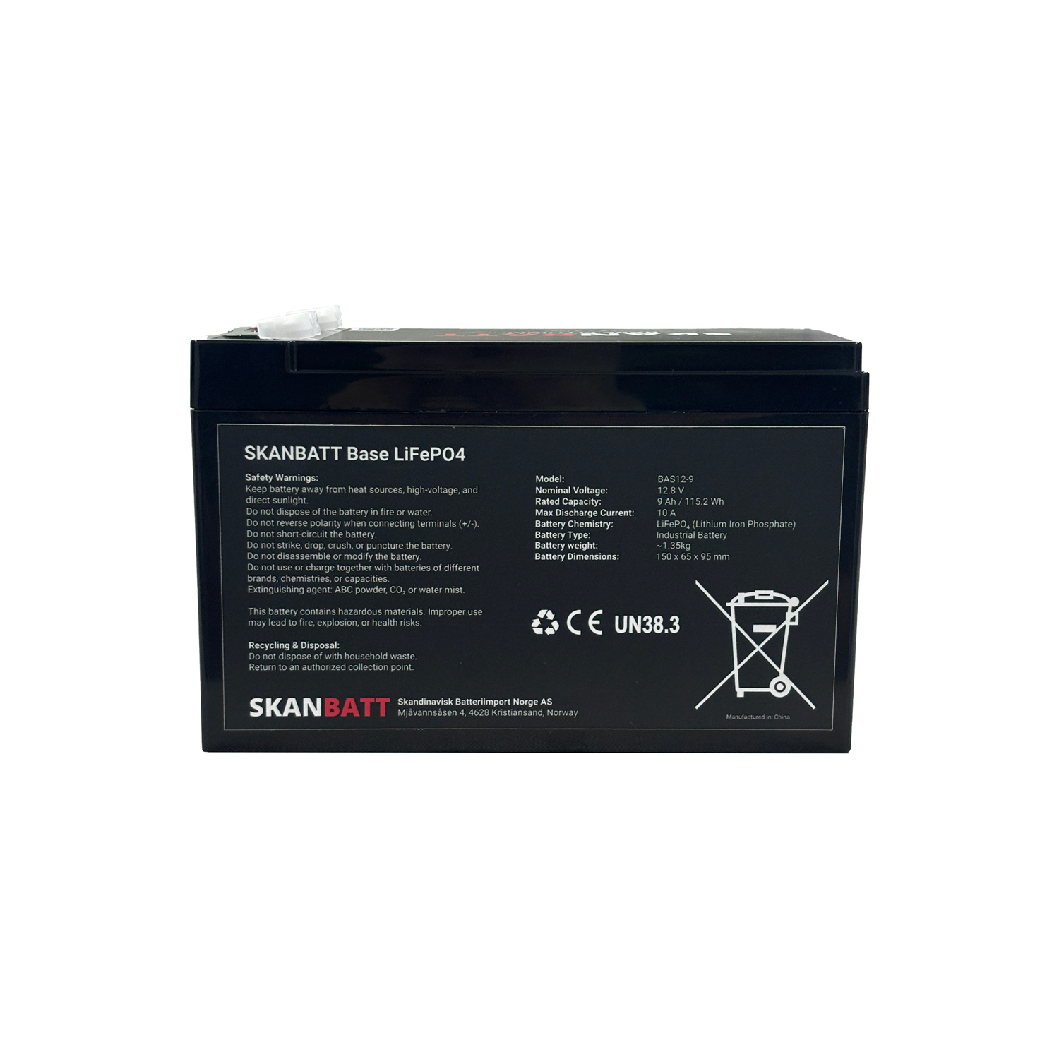 SKANBATT Base Lithium - 12V 9Ah 10A BMS - 150x65x95mm - 3 Års garanti - Bilde 2
