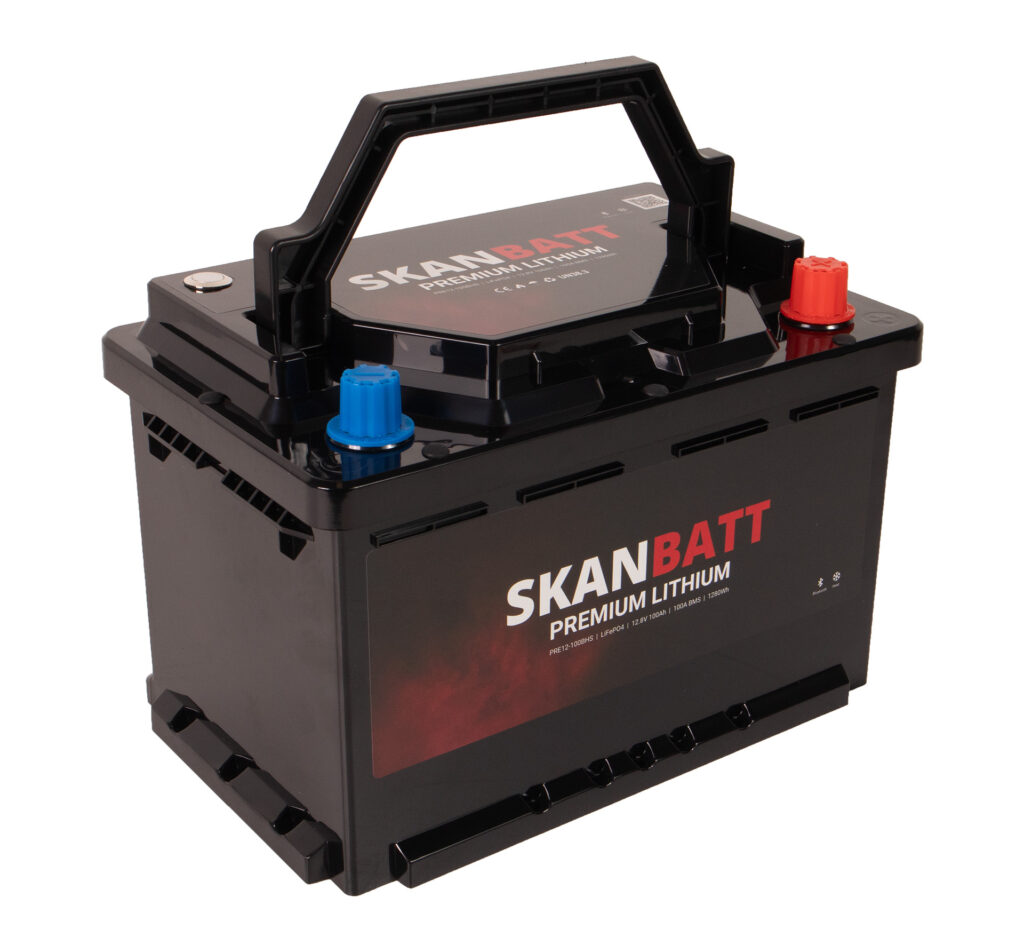 SKANBATT Premium Lithium - 12V 100Ah 100A BMS - 280x178x188mm - Bluetooth - Heat - 8 Års garanti +H